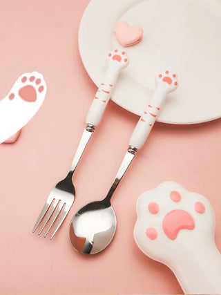 Cute Cat Paw Cutlery Set – Spoon & Fork with Storage Box