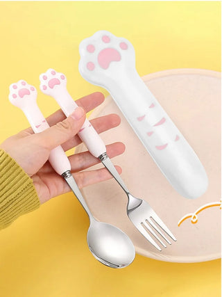 Cute Cat Paw Cutlery Set – Spoon & Fork with Storage Box