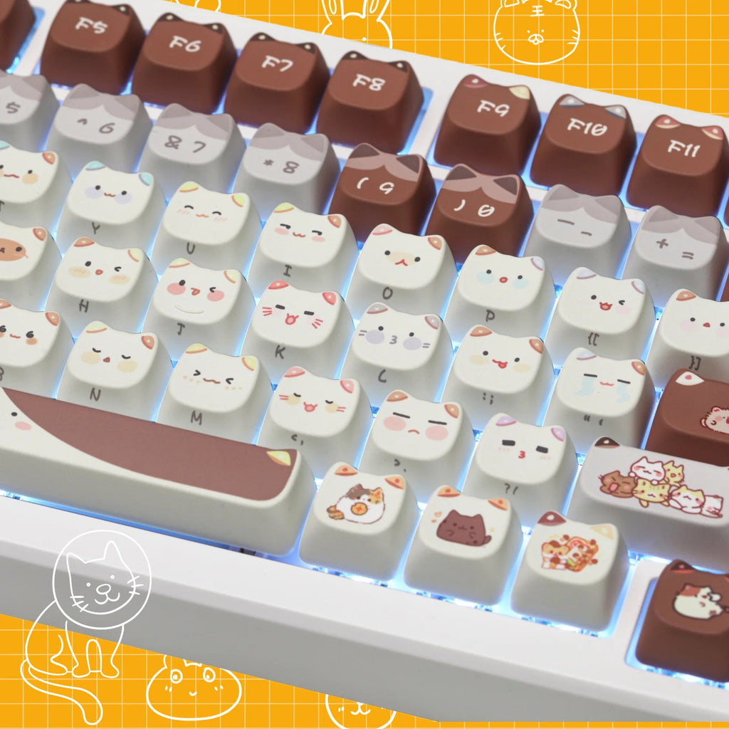 Cute Mocha Mao Cat Shape 108 KEYCAPS Keyboard by The Kawaii Shoppu | The Kawaii Shoppu
