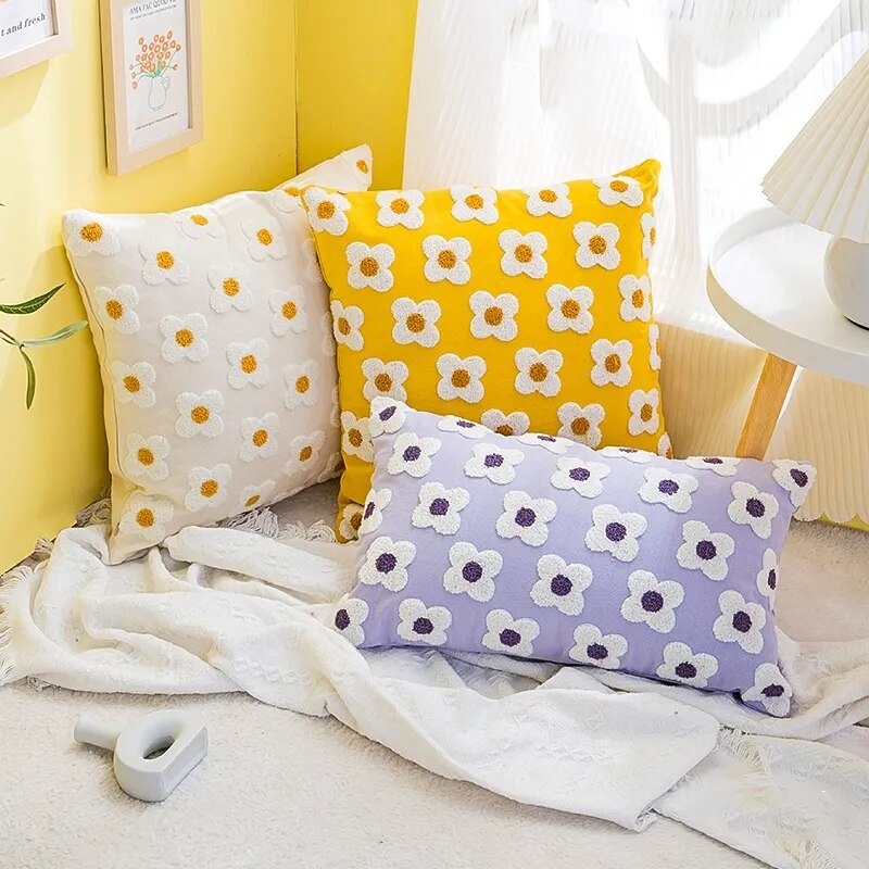 Daisy Pattern Embroidery Pillow Case 45x45cm Solo Cover Home Decor by The Kawaii Shoppu | The Kawaii Shoppu