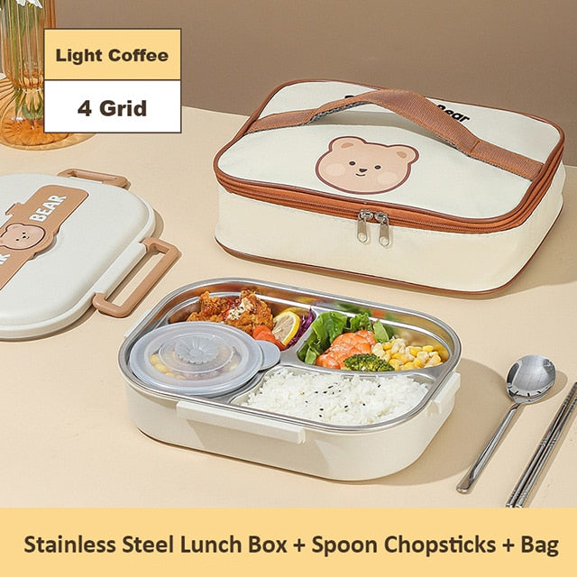 Dear Bear 304 Stainless Steel Bento Lunch Box 4 Grid With Bag Home & Kitchen by The Kawaii Shoppu | The Kawaii Shoppu
