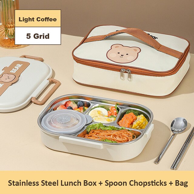 Dear Bear 304 Stainless Steel Bento Lunch Box 5 Grid With Bag Home & Kitchen by The Kawaii Shoppu | The Kawaii Shoppu