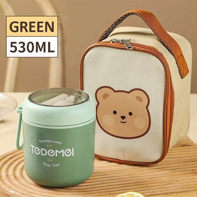 Dear Bear 304 Stainless Steel Thermo Food Storage / Bento Box Green With Bag Home & Kitchen by The Kawaii Shoppu | The Kawaii Shoppu