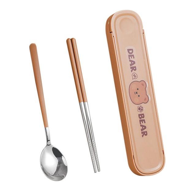 Dear Bear Portable Travel Chopsticks Spoon Set Brown A 2pcs Home & Kitchen by The Kawaii Shoppu | The Kawaii Shoppu