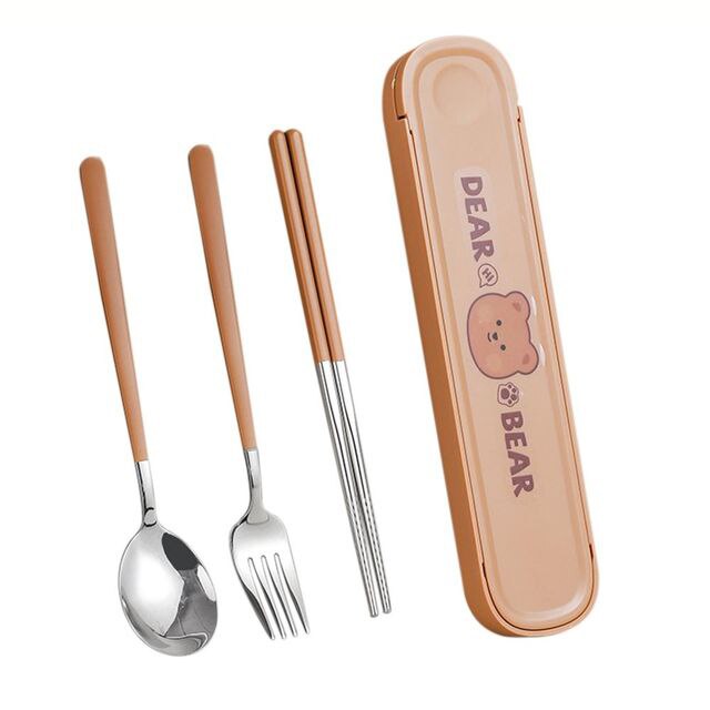 Dear Bear Portable Travel Chopsticks Spoon Set Brown A 3pcs Home & Kitchen by The Kawaii Shoppu | The Kawaii Shoppu