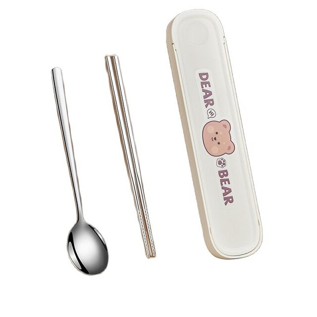 Dear Bear Portable Travel Chopsticks Spoon Set White B 2pcs Home & Kitchen by The Kawaii Shoppu | The Kawaii Shoppu