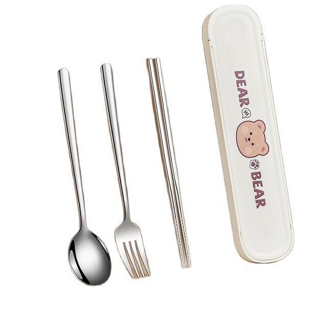 Dear Bear Portable Travel Chopsticks Spoon Set White B 3pcs Home & Kitchen by The Kawaii Shoppu | The Kawaii Shoppu