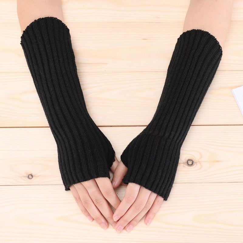 E-girl Knitted Fingerless Thumb Hole Wrist Warmers Black length-30cm Clothing and Accessories by The Kawaii Shoppu | The Kawaii Shoppu