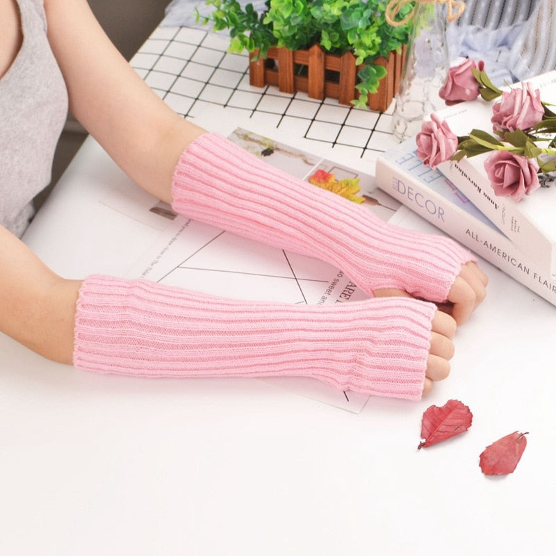 E-girl Knitted Fingerless Thumb Hole Wrist Warmers Pink length-30cm Clothing and Accessories by The Kawaii Shoppu | The Kawaii Shoppu