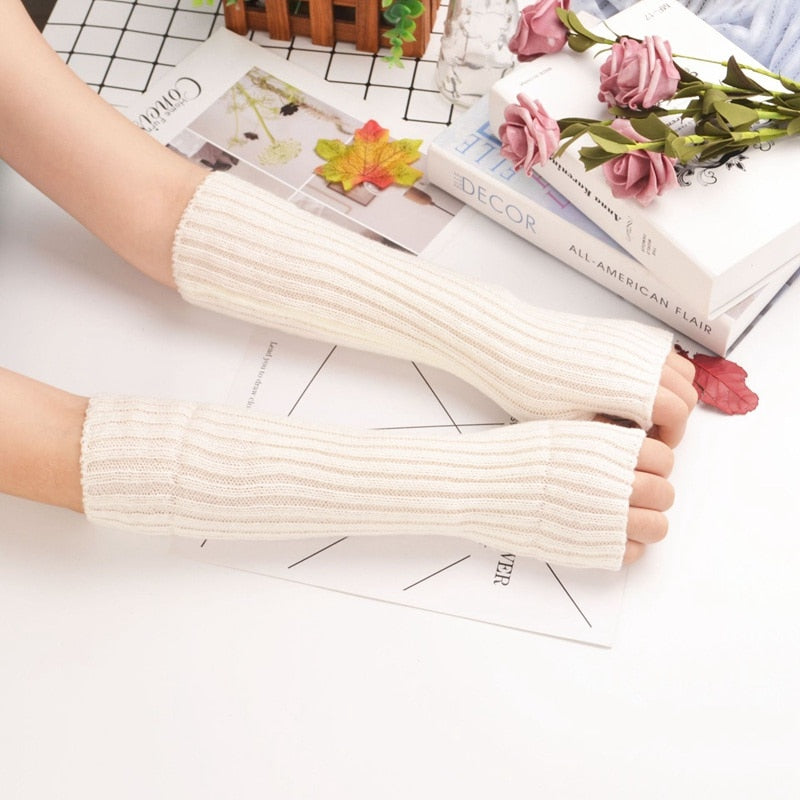 E-girl Knitted Fingerless Thumb Hole Wrist Warmers White length-30cm Clothing and Accessories by The Kawaii Shoppu | The Kawaii Shoppu