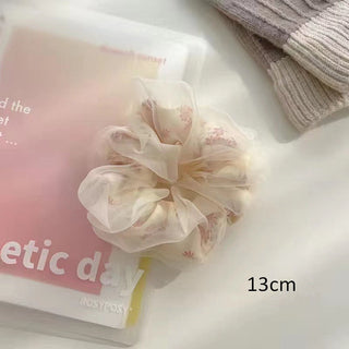 Fashion Flower Print Double Layer Silk Organza Hair Scrunchies beige-big Hair Accessories by The Kawaii Shoppu | The Kawaii Shoppu