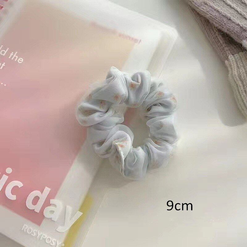 Fashion Flower Print Double Layer Silk Organza Hair Scrunchies blue-small Hair Accessories by The Kawaii Shoppu | The Kawaii Shoppu