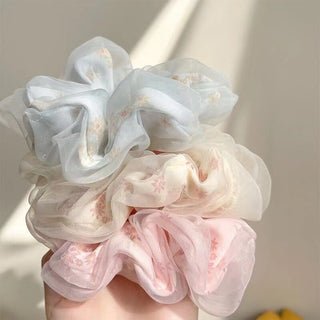Fashion Flower Print Double Layer Silk Organza Hair Scrunchies Hair Accessories by The Kawaii Shoppu | The Kawaii Shoppu