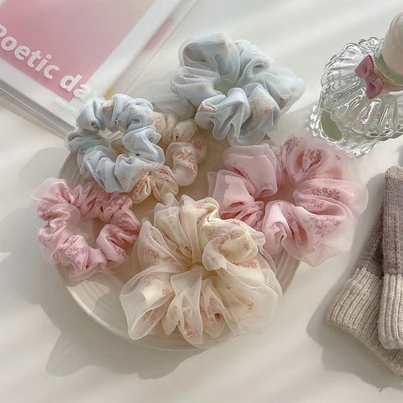 Fashion Flower Print Double Layer Silk Organza Hair Scrunchies Hair Accessories by The Kawaii Shoppu | The Kawaii Shoppu