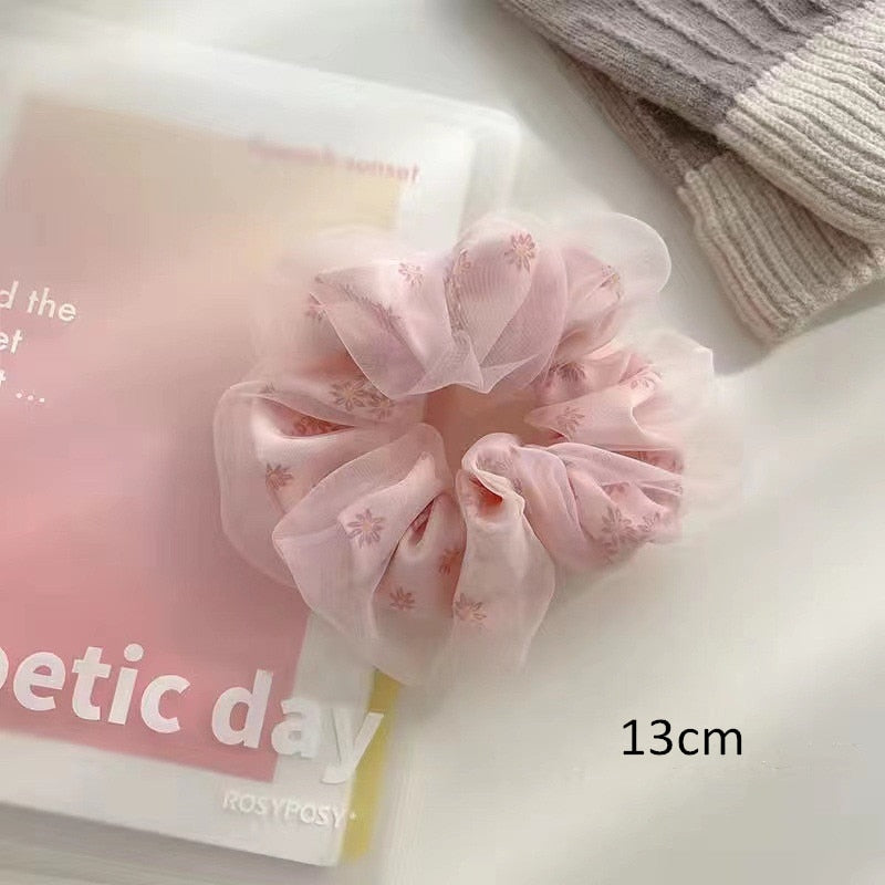 Fashion Flower Print Double Layer Silk Organza Hair Scrunchies pink-big Hair Accessories by The Kawaii Shoppu | The Kawaii Shoppu
