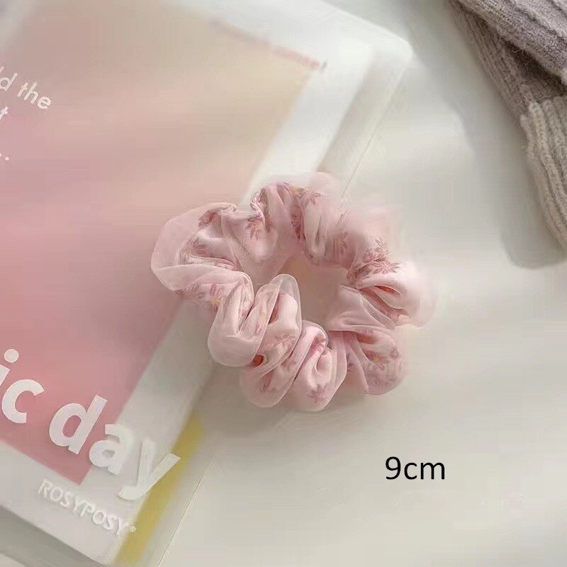 Fashion Flower Print Double Layer Silk Organza Hair Scrunchies pink-small Hair Accessories by The Kawaii Shoppu | The Kawaii Shoppu