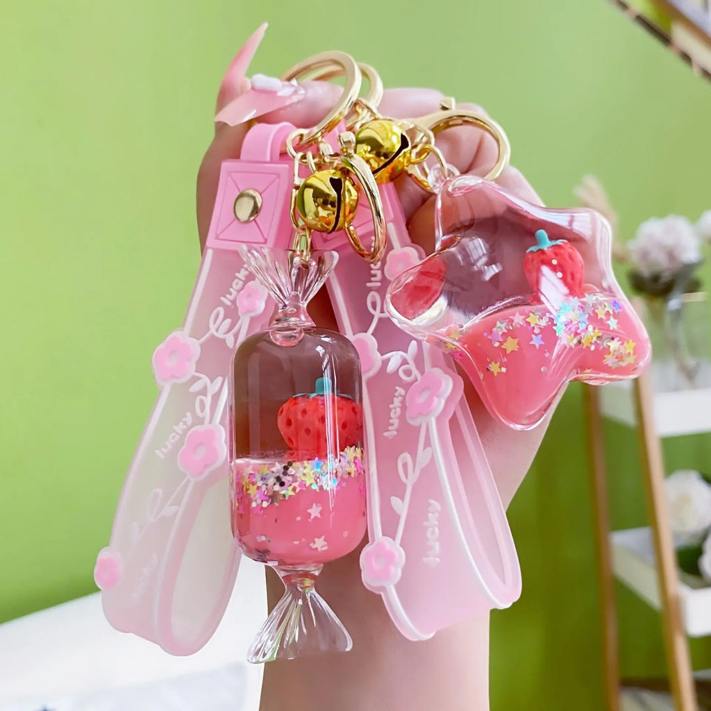 Floating Strawberry Glitter Quicksand Keychain Accessories by The Kawaii Shoppu | The Kawaii Shoppu