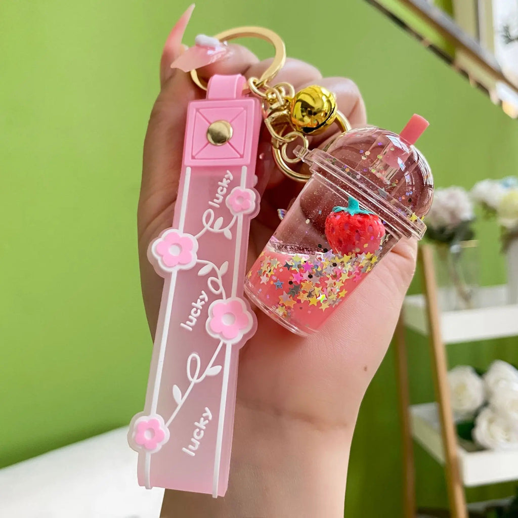 Floating Strawberry Glitter Quicksand Keychain Accessories by The Kawaii Shoppu | The Kawaii Shoppu