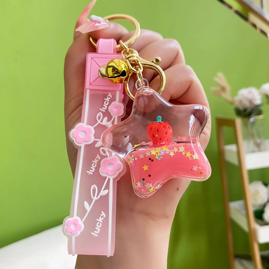 Floating Strawberry Glitter Quicksand Keychain Accessories by The Kawaii Shoppu | The Kawaii Shoppu