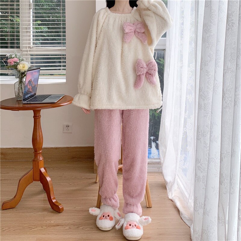 Fluffy Bow Kawaii Lounge Pyjamas 2PC Set One Size Clothing and Accessories by The Kawaii Shoppu | The Kawaii Shoppu