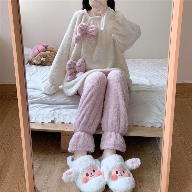 Fluffy Bow Kawaii Lounge Pyjamas 2PC Set One Size Clothing and Accessories by The Kawaii Shoppu | The Kawaii Shoppu