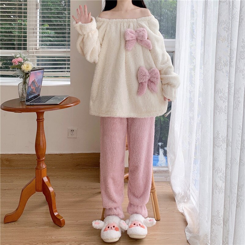 Fluffy Bow Kawaii Lounge Pyjamas 2PC Set One Size Clothing and Accessories by The Kawaii Shoppu | The Kawaii Shoppu