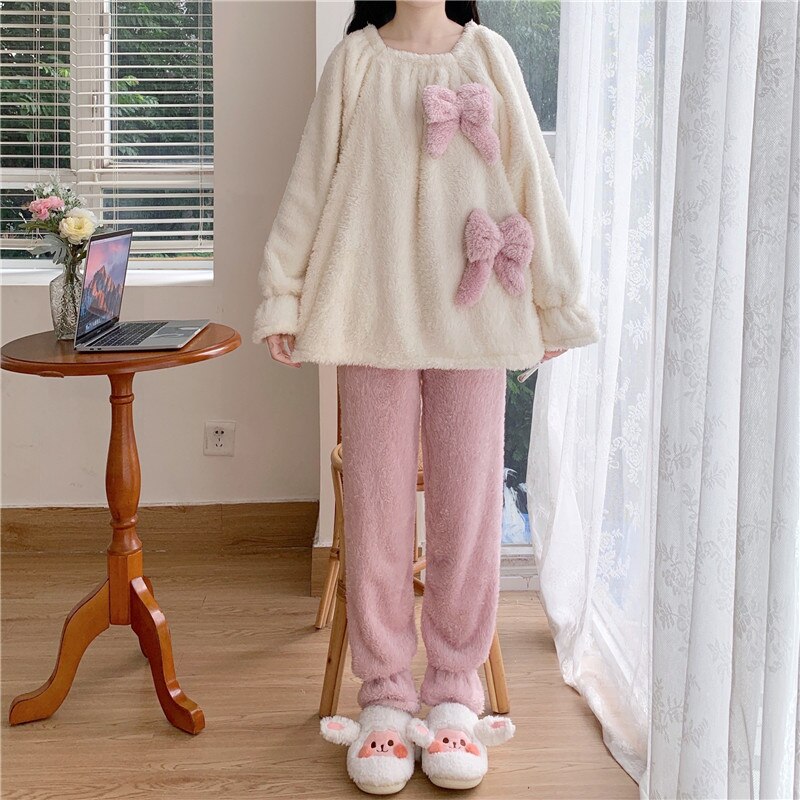 Fluffy Bow Kawaii Lounge Pyjamas 2PC Set One Size Clothing and Accessories by The Kawaii Shoppu | The Kawaii Shoppu