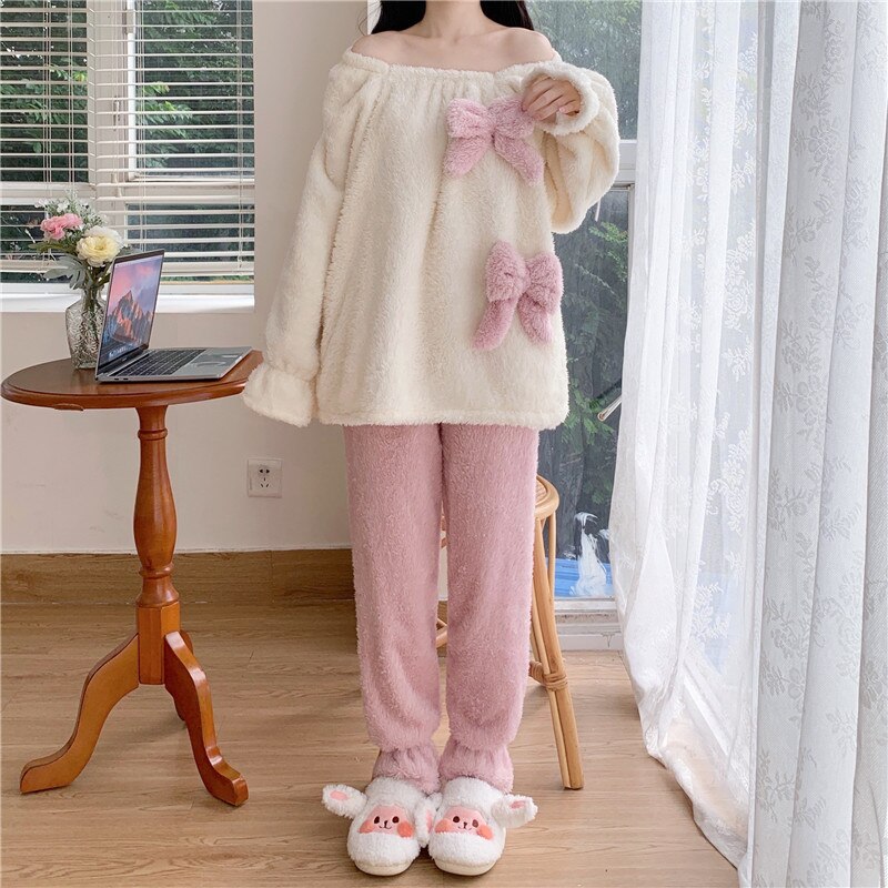 Fluffy Bow Kawaii Lounge Pyjamas 2PC Set One Size Clothing and Accessories by The Kawaii Shoppu | The Kawaii Shoppu