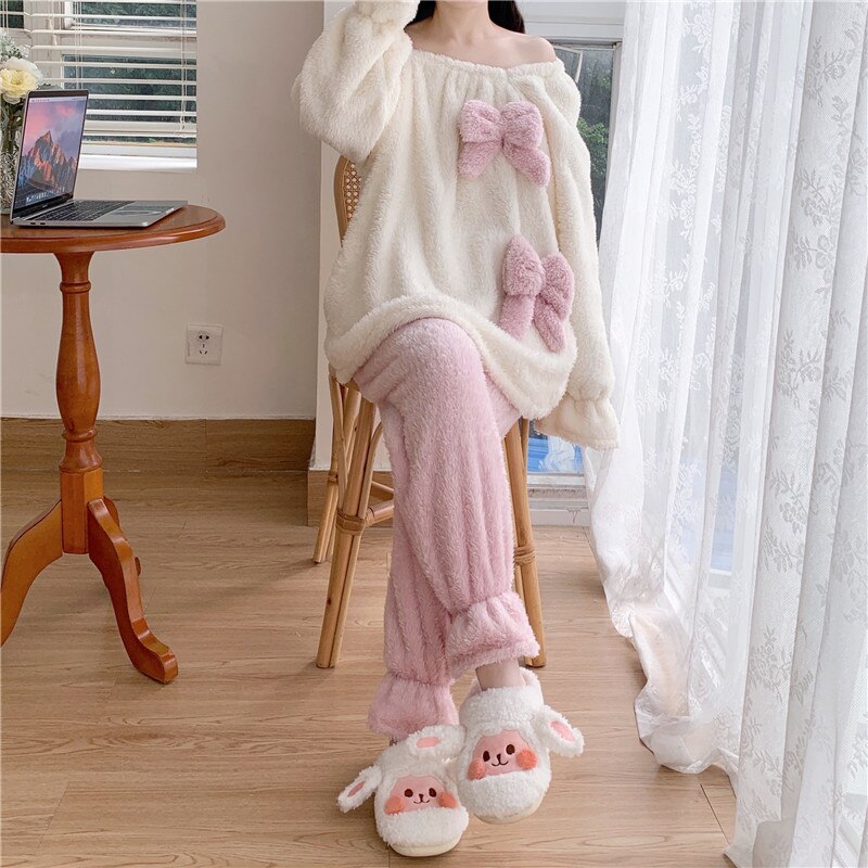 Fluffy Bow Kawaii Lounge Pyjamas 2PC Set One Size Clothing and Accessories by The Kawaii Shoppu | The Kawaii Shoppu