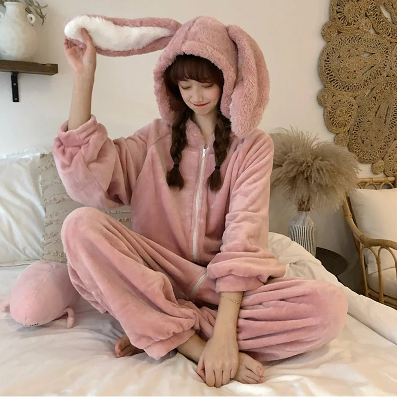 Fluffy Bunny Hoodie Ears Pink Winter Onesie | One Size Pink pajamas One Size Clothing and Accessories by The Kawaii Shoppu | The Kawaii Shoppu