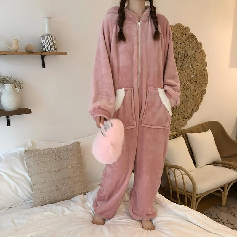 Fluffy Bunny Hoodie Ears Pink Winter Onesie | One Size Pink pajamas One Size Clothing and Accessories by The Kawaii Shoppu | The Kawaii Shoppu