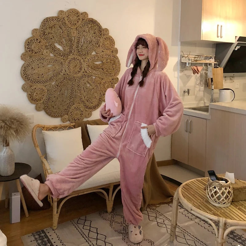 Fluffy Bunny Hoodie Ears Pink Winter Onesie One Size The Kawaii Shoppu