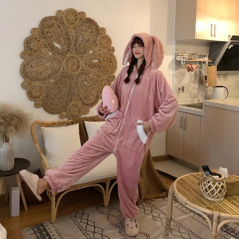 Fluffy Bunny Hoodie Ears Pink Winter Onesie | One Size Pink pajamas One Size Clothing and Accessories by The Kawaii Shoppu | The Kawaii Shoppu