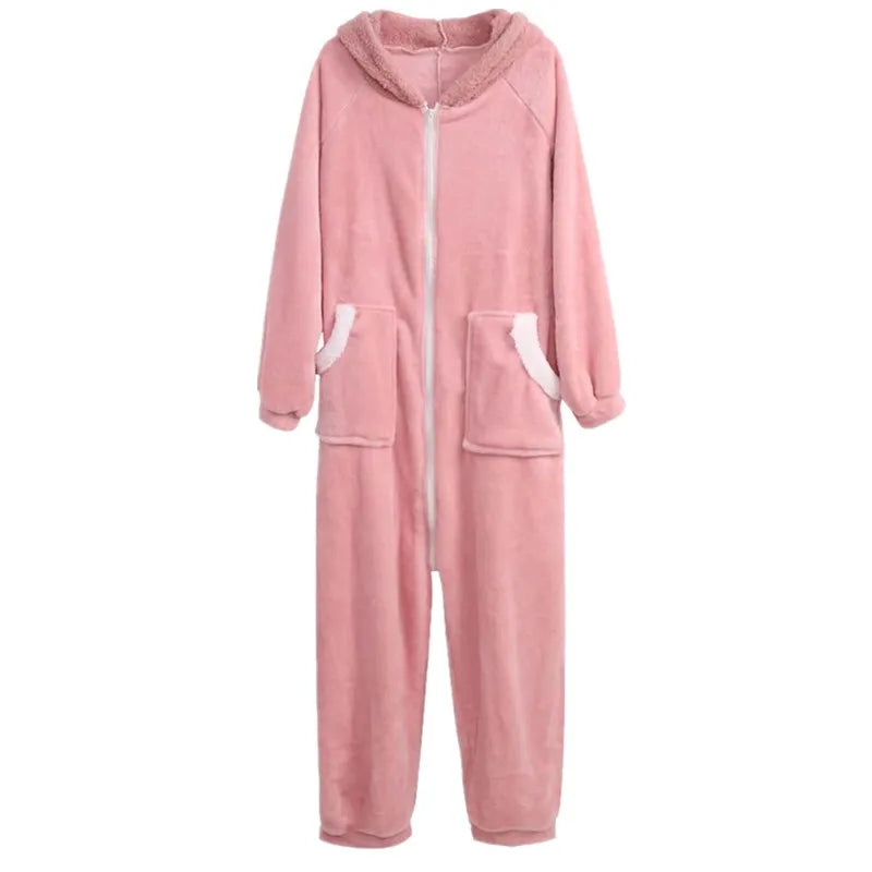 Fluffy Bunny Hoodie Ears Pink Winter Onesie | One Size Pink pajamas One Size Clothing and Accessories by The Kawaii Shoppu | The Kawaii Shoppu