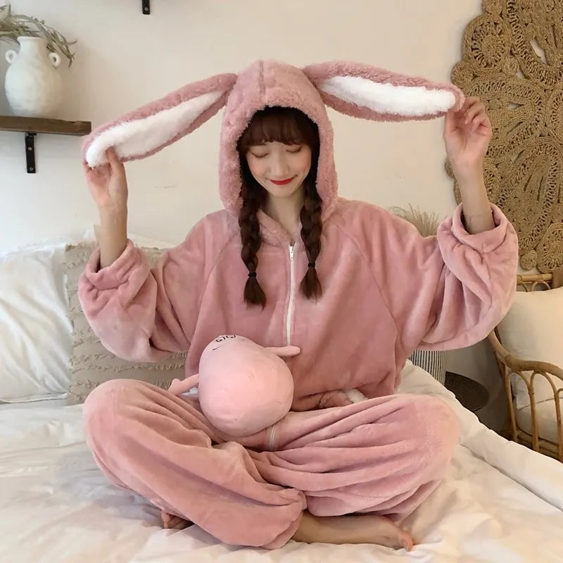 Fluffy Bunny Hoodie Ears Pink Winter Onesie | One Size Pink pajamas One Size Clothing and Accessories by The Kawaii Shoppu | The Kawaii Shoppu