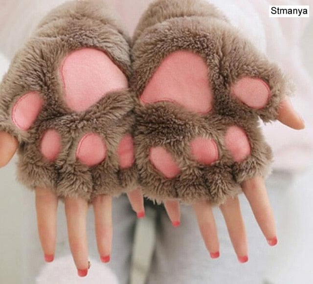 cat handschuhe Roaring Soft Plush Bear and Cat Paw Fingerless Wrist Gloves, Khaki