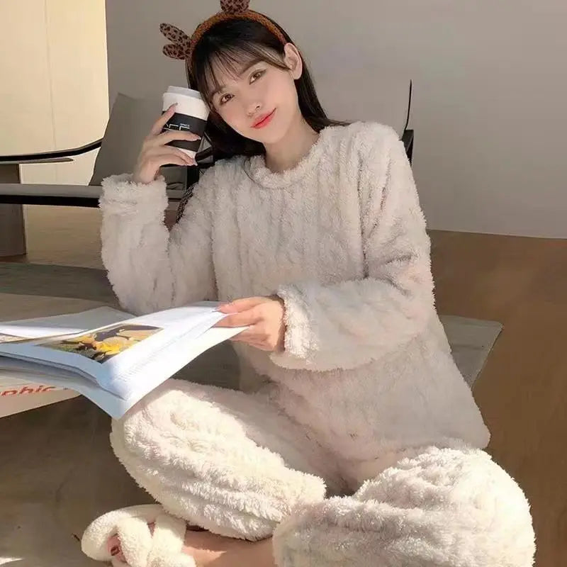 Fluffy Fleece Winter Pyjama Set Women’s 2-Piece Velvet Sleepwear - One Size One Size Clothing and Accessories by The Kawaii Shoppu | The Kawaii Shoppu