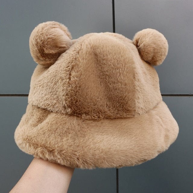 Fluffy Teddy Ears Bucket Hat Khaki Clothing and Accessories The Kawaii Shoppu