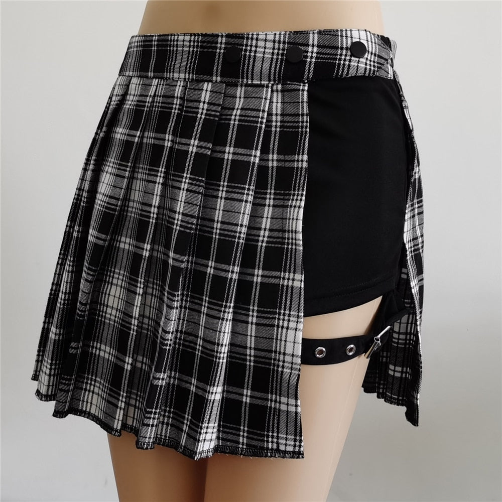 Gothic Punk Pleated Skirt with High Waist and Shorts Black White Belt Skirt XS Clothing and Accessories by The Kawaii Shoppu | The Kawaii Shoppu