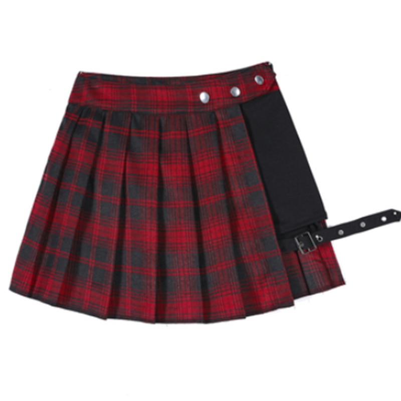 Gothic Punk Pleated Skirt with High Waist and Shorts Red Plaid Skirt XS Clothing and Accessories by The Kawaii Shoppu | The Kawaii Shoppu