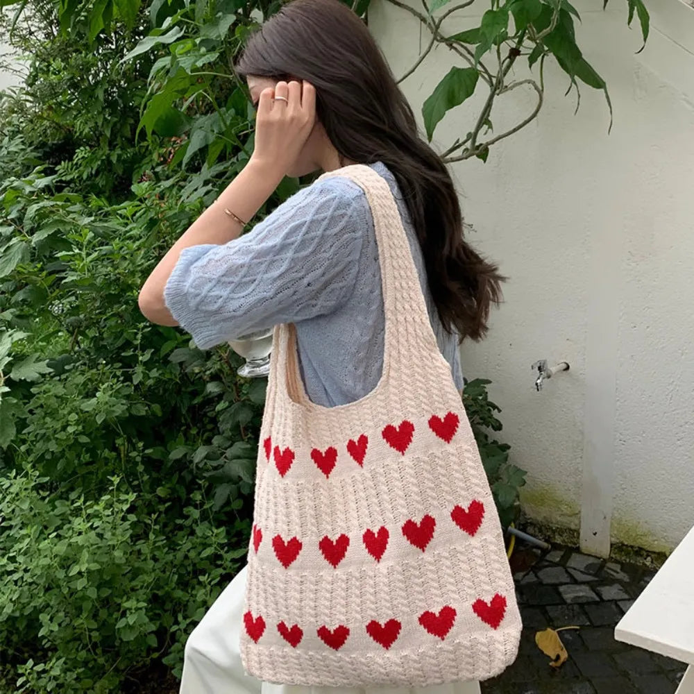 Heart Love Knitted Shopping Tote Shoulder Bag Bag by The Kawaii Shoppu | The Kawaii Shoppu