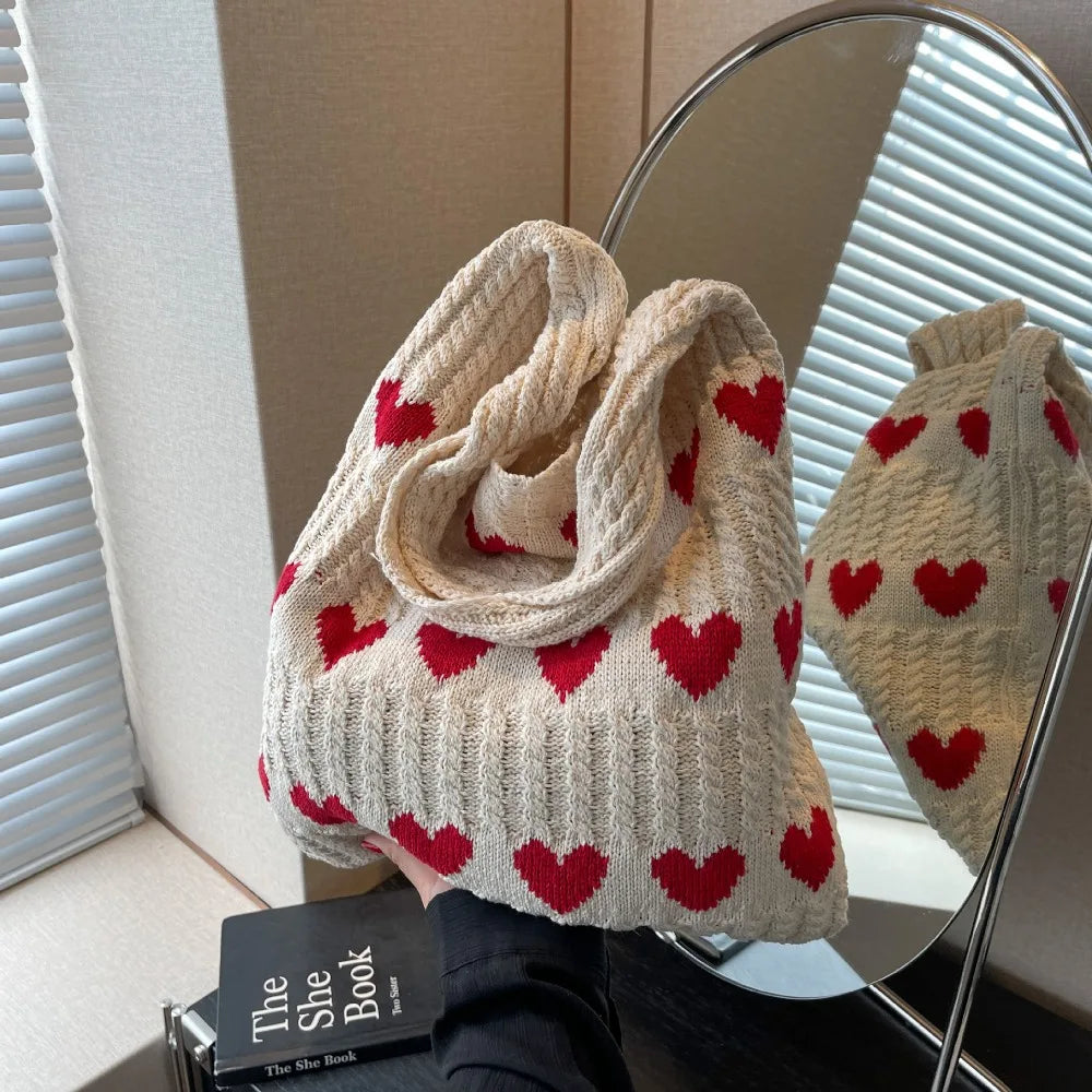 Heart Love Knitted Shopping Tote Shoulder Bag Bag by The Kawaii Shoppu | The Kawaii Shoppu