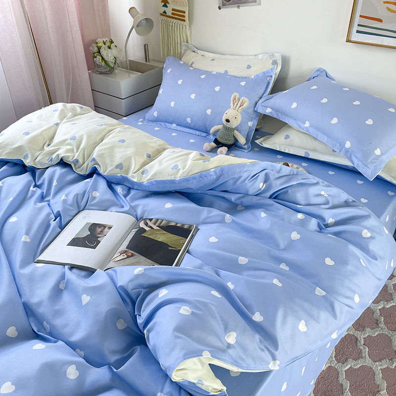 Heart Print Kawaii Cute Bedding Set Blue Single size 3pcs Flat Bed Sheet Bedding by The Kawaii Shoppu | The Kawaii Shoppu