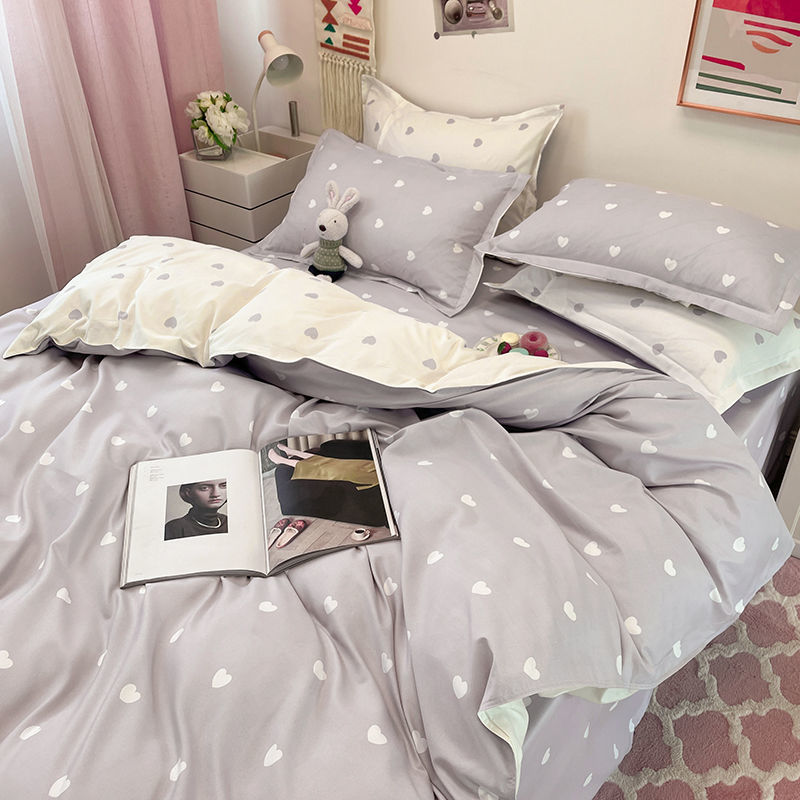 Heart Print Kawaii Cute Bedding Set Grey Single size 3pcs Flat Bed Sheet Bedding by The Kawaii Shoppu | The Kawaii Shoppu