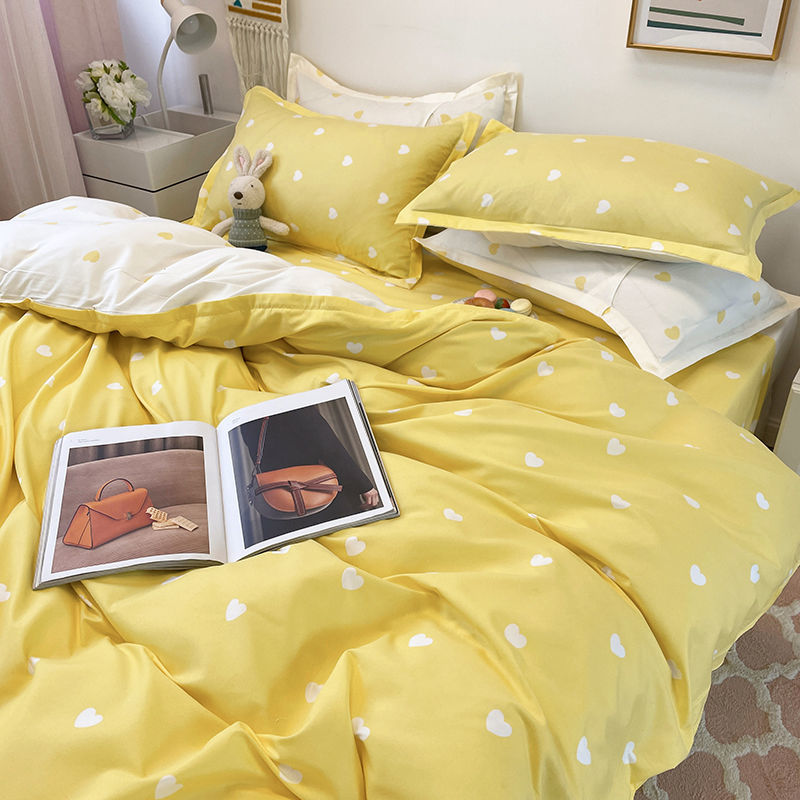 Heart Print Kawaii Cute Bedding Set Yellow Single size 3pcs Flat Bed Sheet Bedding by The Kawaii Shoppu | The Kawaii Shoppu