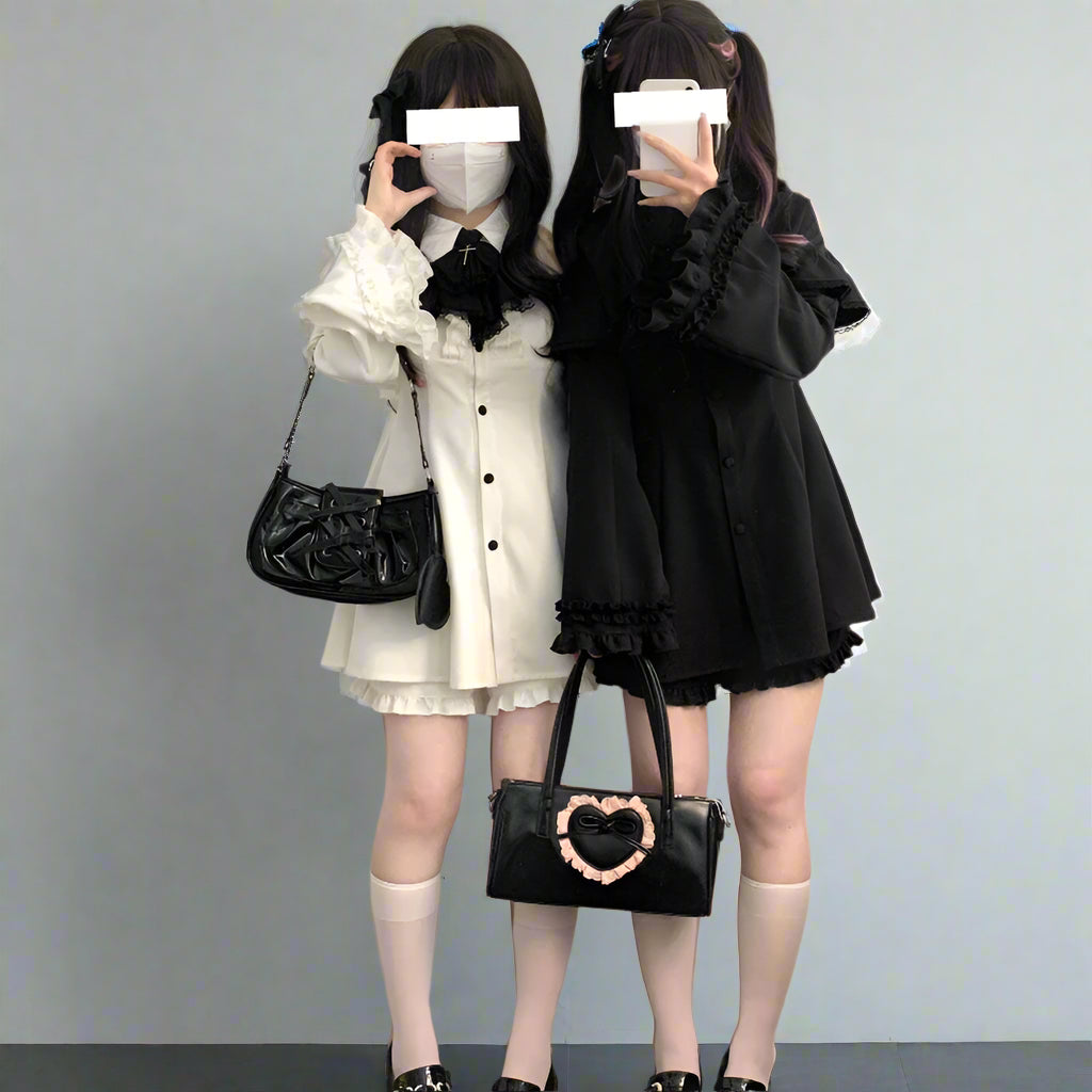 Japanese Y2K Vintage Dress Set Flare Sleeve Patchwork Mini Dress (SM) White / M Japanese Y2K Vintage Dress Set Flare Sleeve Patchwork Mini Dress (SM) White / M