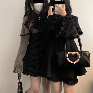 Japanese Y2K Vintage Dress Set – Flare Sleeve Patchwork Mini Dress (S–M)