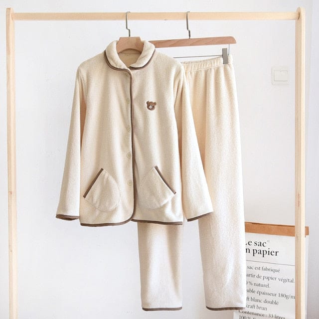 Kawaii Bear Plush Coffee Flannel Pyjamas Milky white M Clothing and Accessories The Kawaii Shoppu