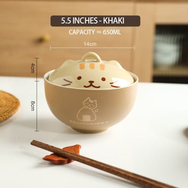 Kawaii Cat Ramen Bowl with Lid khaki Kitchen The Kawaii Shoppu