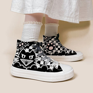 Kawaii Checkered Cat Paw Spooky Canvas Sneaker Shoe White Shoes by The Kawaii Shoppu | The Kawaii Shoppu